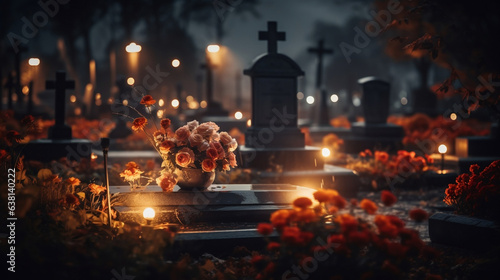 Epitafium na pomniku z krzyżem w centrum cmentarza udekorowanego kwiatami i zniczami. Noc Wszystkich Świętych.
