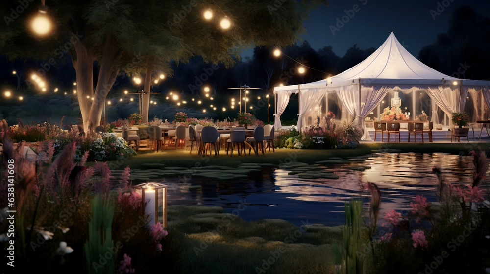 Namiot weselny w ogrodzie wsród natury nad jeziorem nocą z girlandami i lampkami pięknie oświetlony nastrojowo