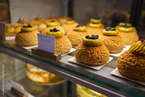 pistachio-blueberry puffs on display at the specialty coffee shop 