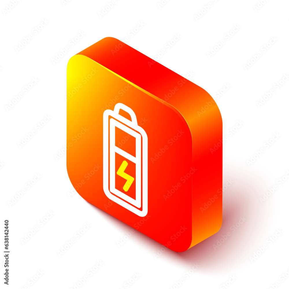 Isometric line Battery icon isolated on white background. Lightning bolt symbol. Orange square button. Vector Isometric line Battery icon isolated on white background. Lightning bolt symbol. Orange square button. Vector