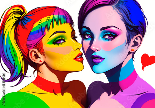 Pop art, lesbian girls loving each other. The concept of LGBT. Generative AI.