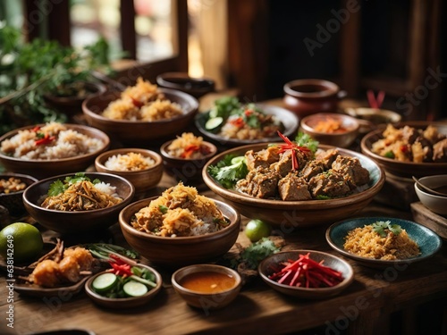 Wanderlust: Local Cuisine Experience: A vibrant array of traditional exotic cuisine from around the world, delicately arranged on a rustic wooden table
