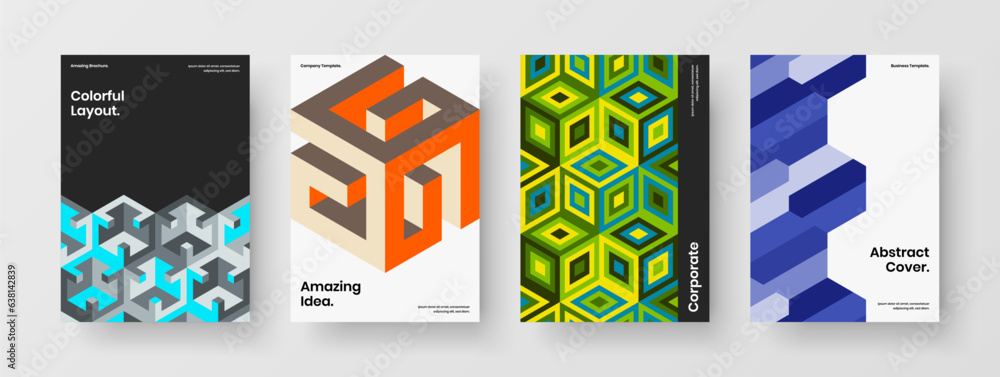 Minimalistic mosaic tiles brochure concept collection. Vivid front page A4 vector design illustration set.
