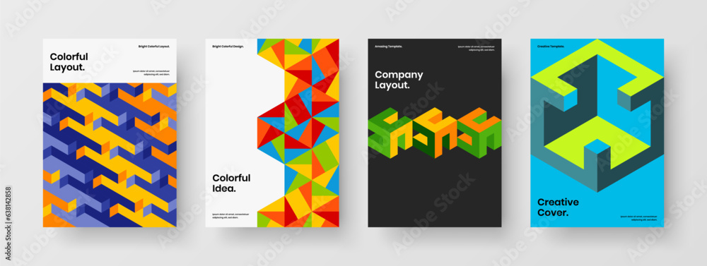 Fototapeta premium Fresh presentation vector design concept set. Colorful mosaic hexagons magazine cover illustration bundle.