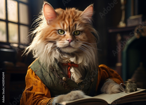 an orange cat with glasses reading a magazine, in the style of historical perspective, vray tracing photo