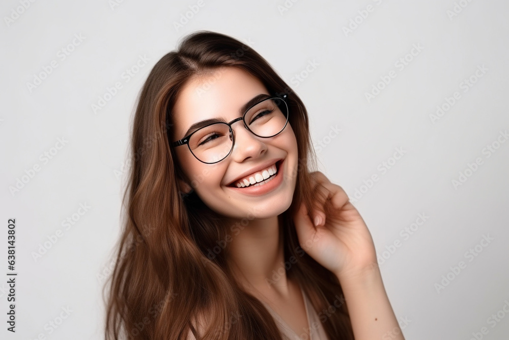 In this engaging portrait, a cheerful and satisfied woman with glasses exudes confidence against a pristine white background. Her happiness is palpable in her bright smile. In this engaging portrait, a cheerful and satisfied woman with glasses exudes confidence against a pristine white background. Her happiness is palpable in her bright smile.