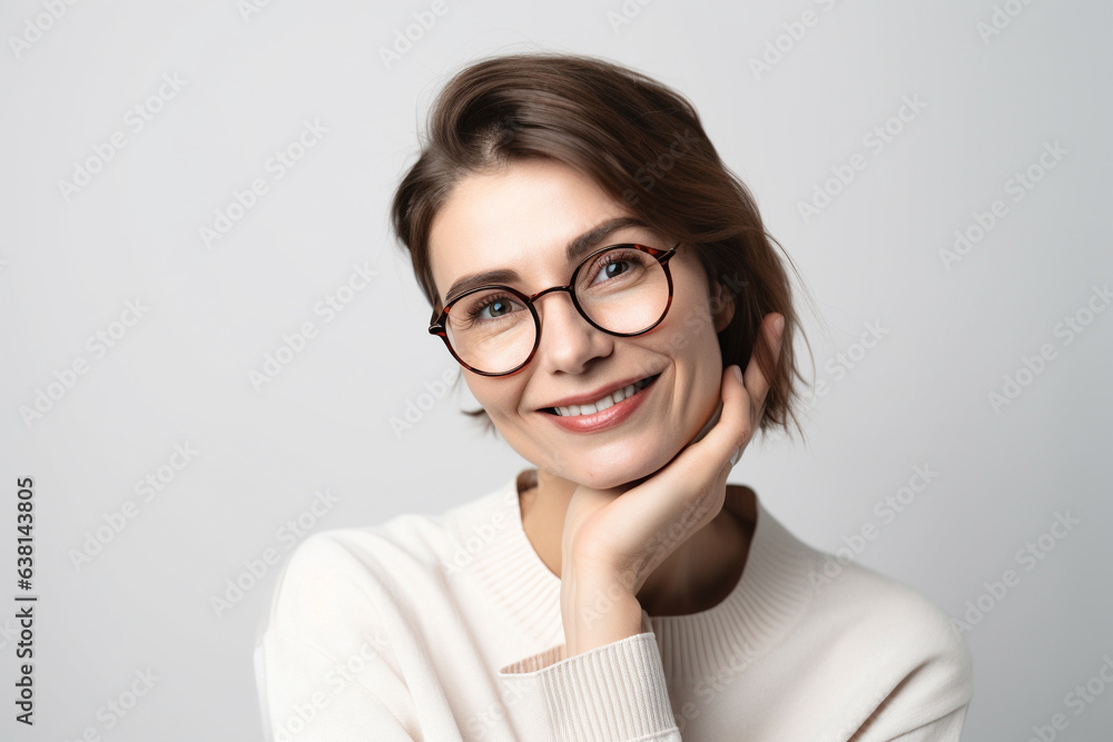 A captivating portrait of a content and confident woman, stylishly wearing glasses, set against a clean white background. Her satisfaction shines through in her radiant expression. A captivating portrait of a content and confident woman, stylishly wearing glasses, set against a clean white background. Her satisfaction shines through in her radiant expression.