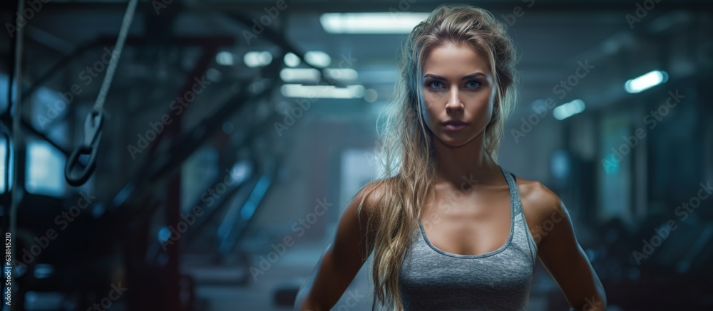 Portrait of confident fitness blonde woman in sportswear at gym.
