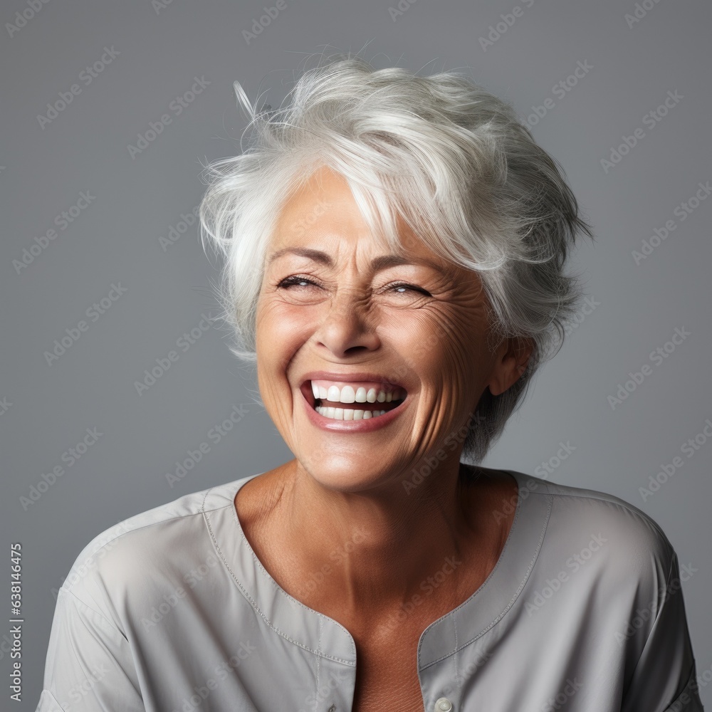 portrait of a beautiful elderly senior model woman with short grey hair generative ai