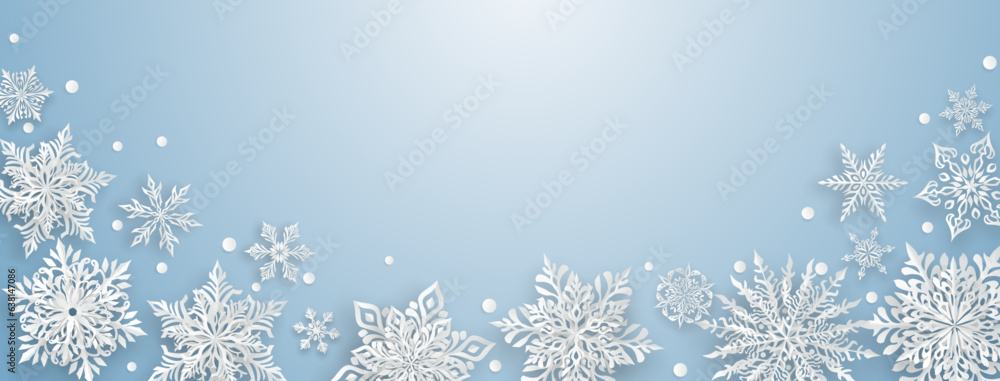Christmas illustration with beautiful complex paper snowflakes, white on light blue background