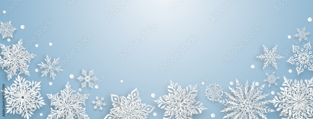 Christmas illustration with beautiful complex paper snowflakes, white on light blue background Christmas illustration with beautiful complex paper snowflakes, white on light blue background
