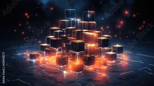 A bunch of glowing cubes in the dark. Digital image. Blockchain  decentralized currency.