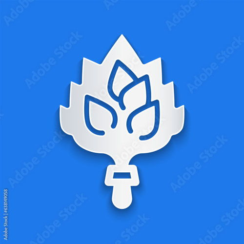 Paper cut Sauna broom icon isolated on blue background. Broom from birch twigs, branches for Russian steam bath, sauna, washhouse. Paper art style. Vector