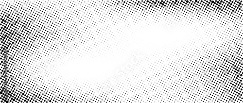 Doted halftone faded wavy gradient texture. Grunge dirty speckles and spots background. Black and white uneven sand grain wallpaper. Retro random pixelated comic vector backdrop
