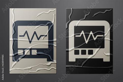 White Seismograph icon isolated on crumpled paper background. Earthquake analog seismograph. Paper art style. Vector