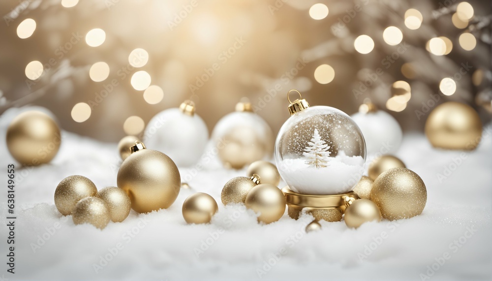 Festive white and gold Christmas ornaments - winter holiday wallpaper, baubles, empty glass snowball, isolated on white background Festive white and gold Christmas ornaments - winter holiday wallpaper, baubles, empty glass snowball, isolated on white background