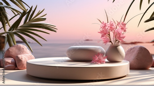 A vase with pink flowers sitting on a table. Digital image. Stage, podium for beauty product.