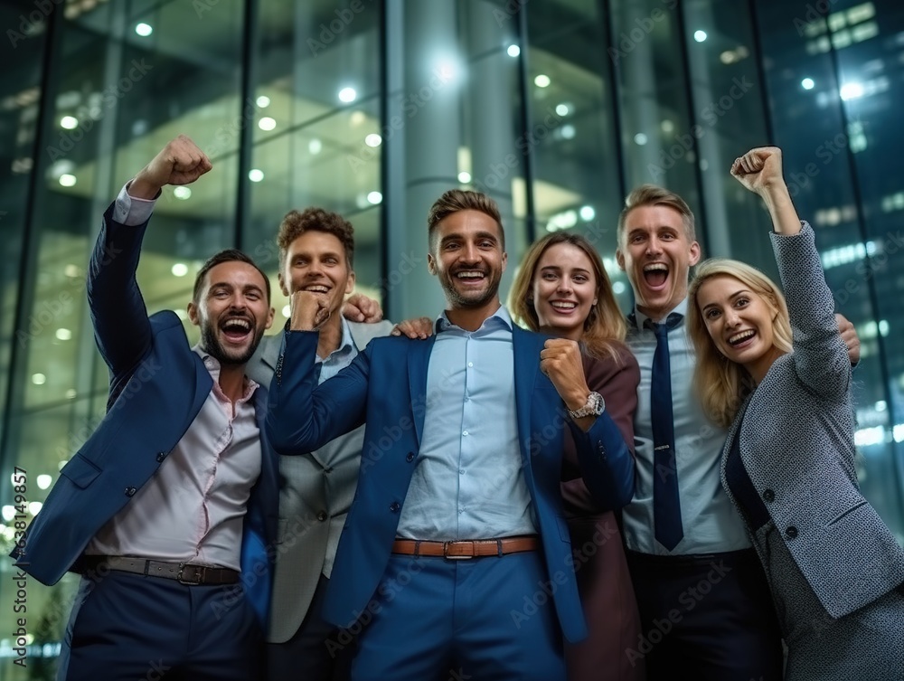 Group of diverse business people keeping hands up in fists and smiling, outside in front of the office building. Group of diverse business people keeping hands up in fists and smiling, outside in front of the office building.