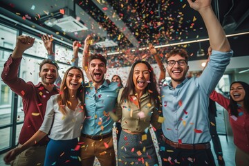 Happy diverse employees team celebrating success business achievement among confetti.