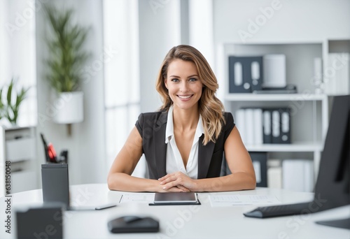 Beautiful female worker sitting confidently in office and looking at camera