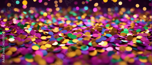 Background of colorful flying paper shiny round confetti for a holiday celebration party. Generative AI.