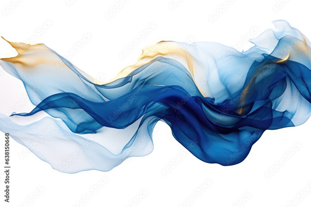 Fototapeta premium A blue and yellow flowing fabric on a white surface. Digital image.