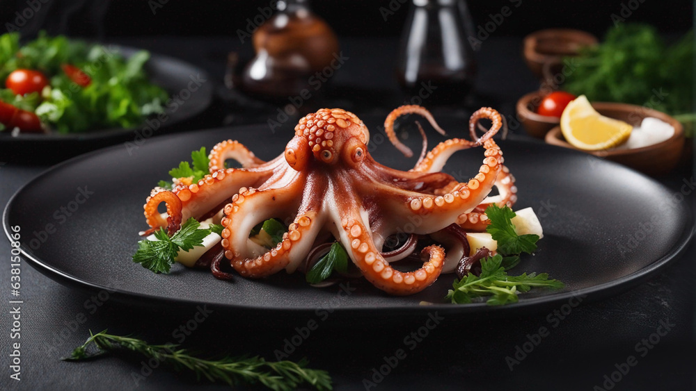 Seafood salad. Trendy concept environmental menu. Salad with octopus. Generative AI.