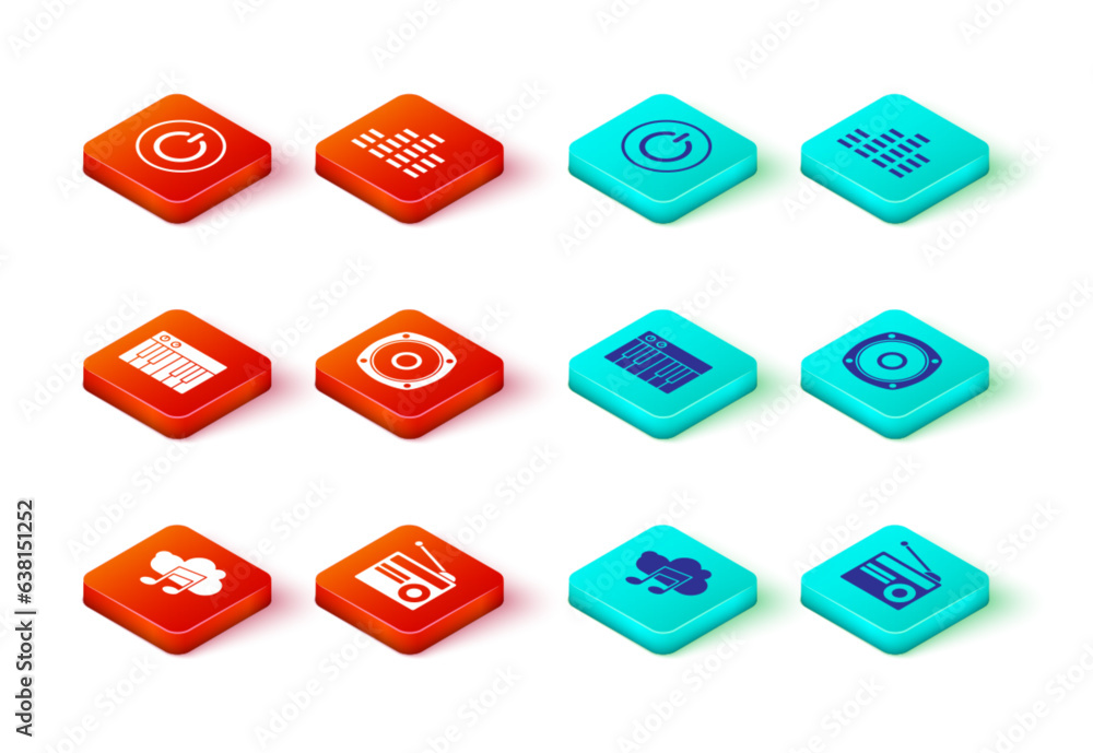 Set Music streaming service, Radio with antenna, synthesizer, Stereo speaker, equalizer and Power button icon. Vector Set Music streaming service, Radio with antenna, synthesizer, Stereo speaker, equalizer and Power button icon. Vector
