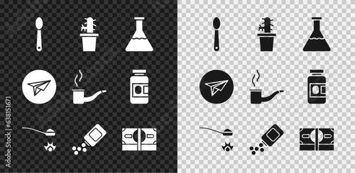 Set Heroin in a spoon, Cactus peyote pot, Test tube and flask, Medicine bottle pills, Stacks paper money cash, Messenger and Smoking pipe icon. Vector