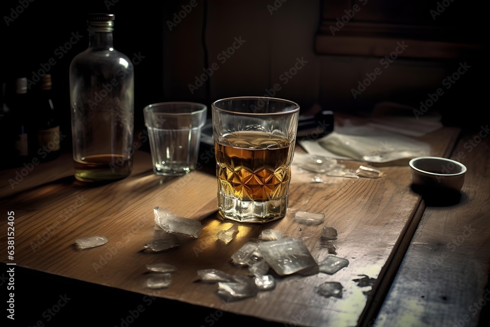 A glass of whiskey and ice on a table