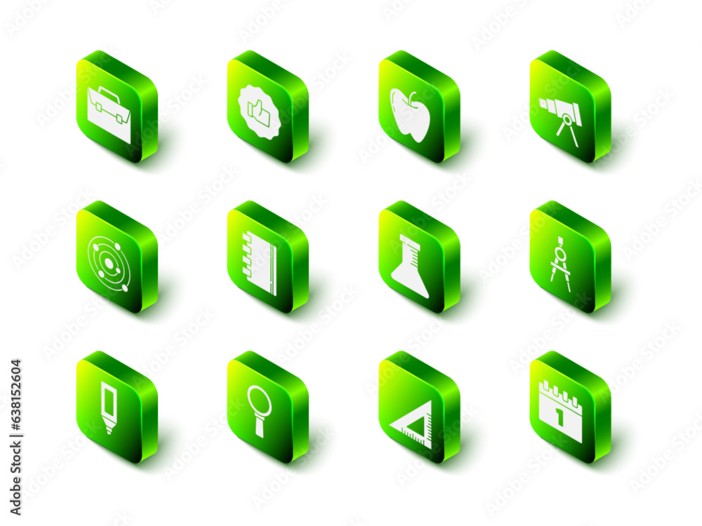 Set Hand thumb up, Apple, Telescope, Drawing compass, Calendar first september date, Test tube flask, Triangular ruler and Magnifying glass icon. Vector Set Hand thumb up, Apple, Telescope, Drawing compass, Calendar first september date, Test tube flask, Triangular ruler and Magnifying glass icon. Vector