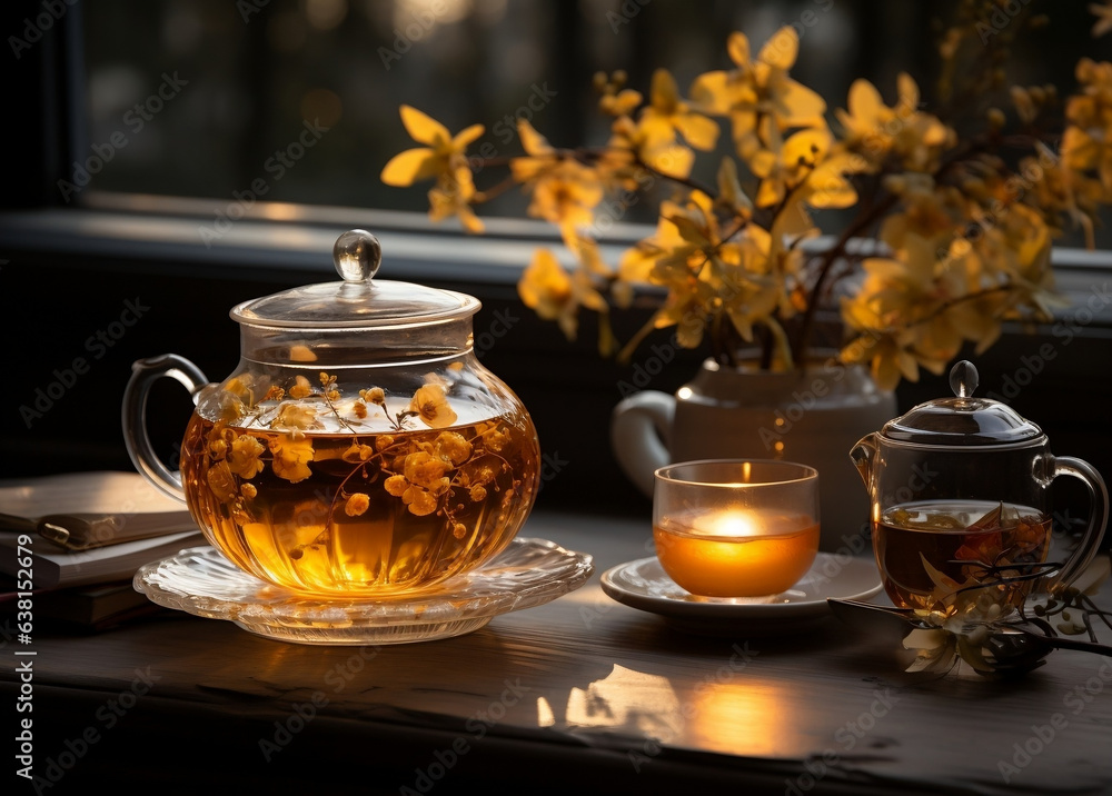 Fototapeta premium autumn table with autumn tea and leafs on window seat, in the style of enchanting lighting, light orange