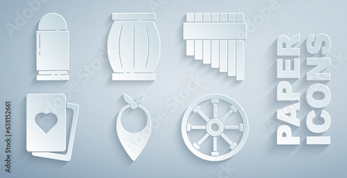 Set Cowboy bandana, Pan flute, Deck of playing cards, Old wooden wheel, Gun powder barrel and Bullet icon. Vector