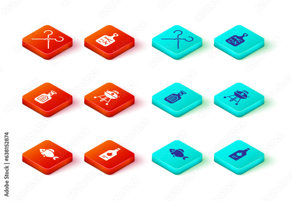 Set Fish, Tabasco sauce, Sauce bottle, Barbecue grill, Cutting board and BBQ skewers icon. Vector Set Fish, Tabasco sauce, Sauce bottle, Barbecue grill, Cutting board and BBQ skewers icon. Vector
