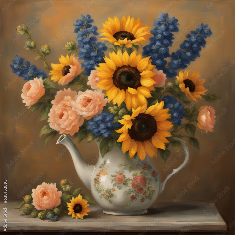vase with fresh sunflowers and flowers. vase with fresh sunflowers and flowers.
