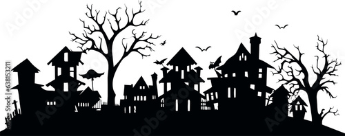 Small cartoon town silhouette houses trees black and white. Vector Illustration with fairy town silhouette. Halloween villgae silhouette vector illustration.