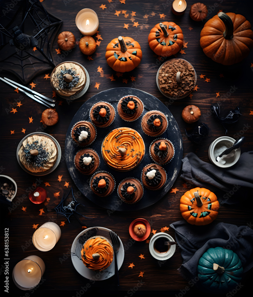 Halloween cupcakes, muffins. Top view decor, pumpkin, candles. Dark wooden texture background.