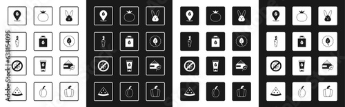 Set Animal cruelty free, Shopping bag with recycle, Carrot, Vegan food diet, Leaf or leaves, Tomato, Organic cosmetic and Gluten grain icon. Vector