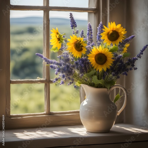 vase with fresh sunflowers and flowers.
