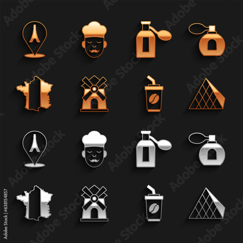 Set Windmill, Perfume, Louvre glass pyramid, Coffee cup to go, Map France, Eiffel tower and Cook icon. Vector