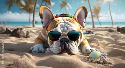 Bulldog francés in the beach summer with sun glasse