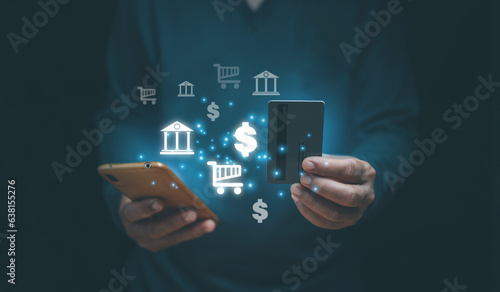 Payment online concept, Man using mobile phone with credit card to make a transaction, Digital marketing, Business technology, Online banking and make payment transaction, Finance apps on mobile.