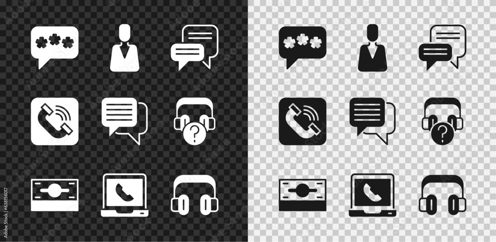 Set Speech bubble chat, Employee, Stacks paper money cash, Telephone 24 hours support, Headphones, handset and icon. Vector