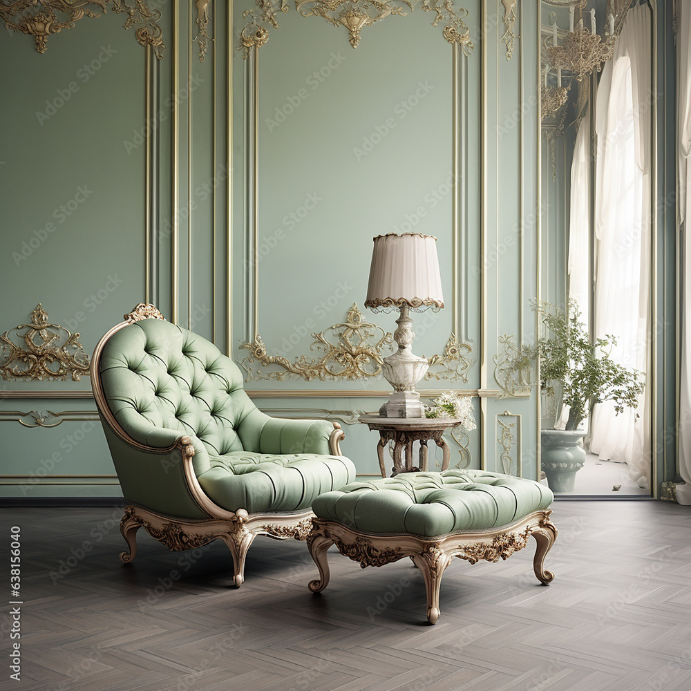 Green vintage baroque style luxury armchair and lamp  in front of a green wall with golden flower and ornamental motives. - obrazy, fototapety, plakaty 