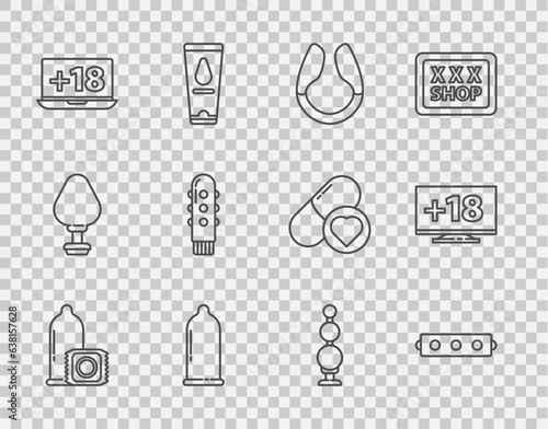 Set line Condom, Silicone ball gag with belt, Dildo vibrator, Laptop 18 plus content, Anal beads and Monitor icon. Vector