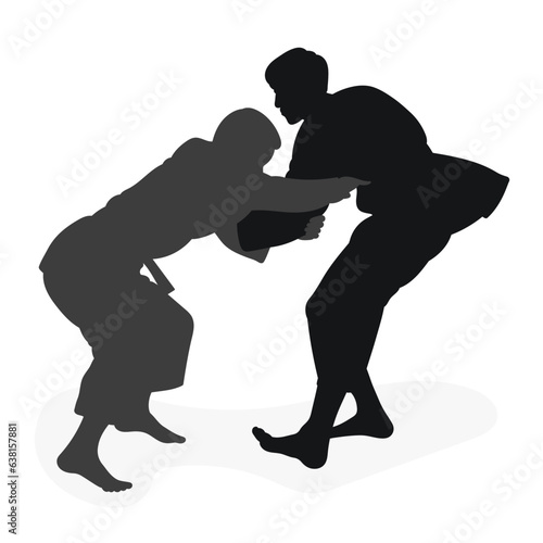 Image silhouette judoka. Judo, martial art, sportsmanship, wrestling, duel, grappling, combating, fighting, struggle