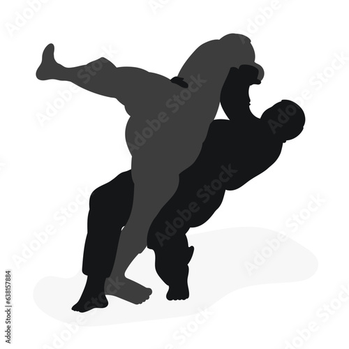 Image silhouette judoka. Judo, martial art, sportsmanship, wrestling, duel, grappling, combating, fighting, struggle