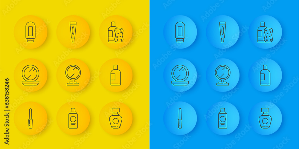 Set line Nail file, Makeup powder with mirror, Round makeup, Perfume, Bottle of shampoo, Cream lotion cosmetic tube, and sponge and icon. Vector Set line Nail file, Makeup powder with mirror, Round makeup, Perfume, Bottle of shampoo, Cream lotion cosmetic tube, and sponge and icon. Vector