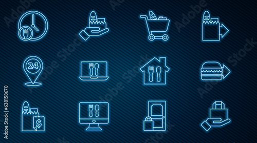 Set line Online ordering and delivery, burger, Shopping cart food, Round the clock, and icon. Vector