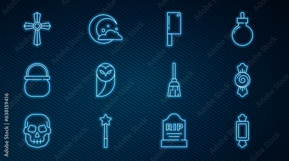 Set line Candy, Meat chopper, Owl, Halloween witch cauldron, Tombstone with cross, Witches broom and Moon stars icon. Vector Set line Candy, Meat chopper, Owl, Halloween witch cauldron, Tombstone with cross, Witches broom and Moon stars icon. Vector